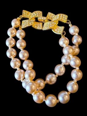Pearl Double-Strand Bracelet with Gold Crystal Link Clasp& Rhinestones! NWT KJL!